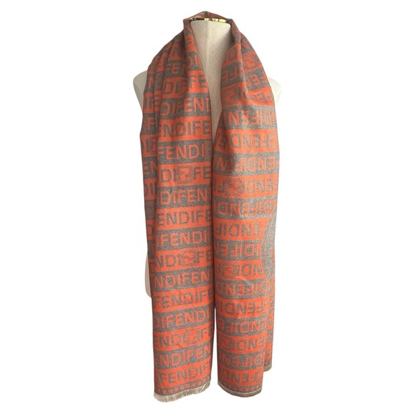 NWT Fendi Deep Orange & Slate Gray Cashmere Silk Blend Scarf Shawl Wrap 26”x76” - Picture 2 of 8